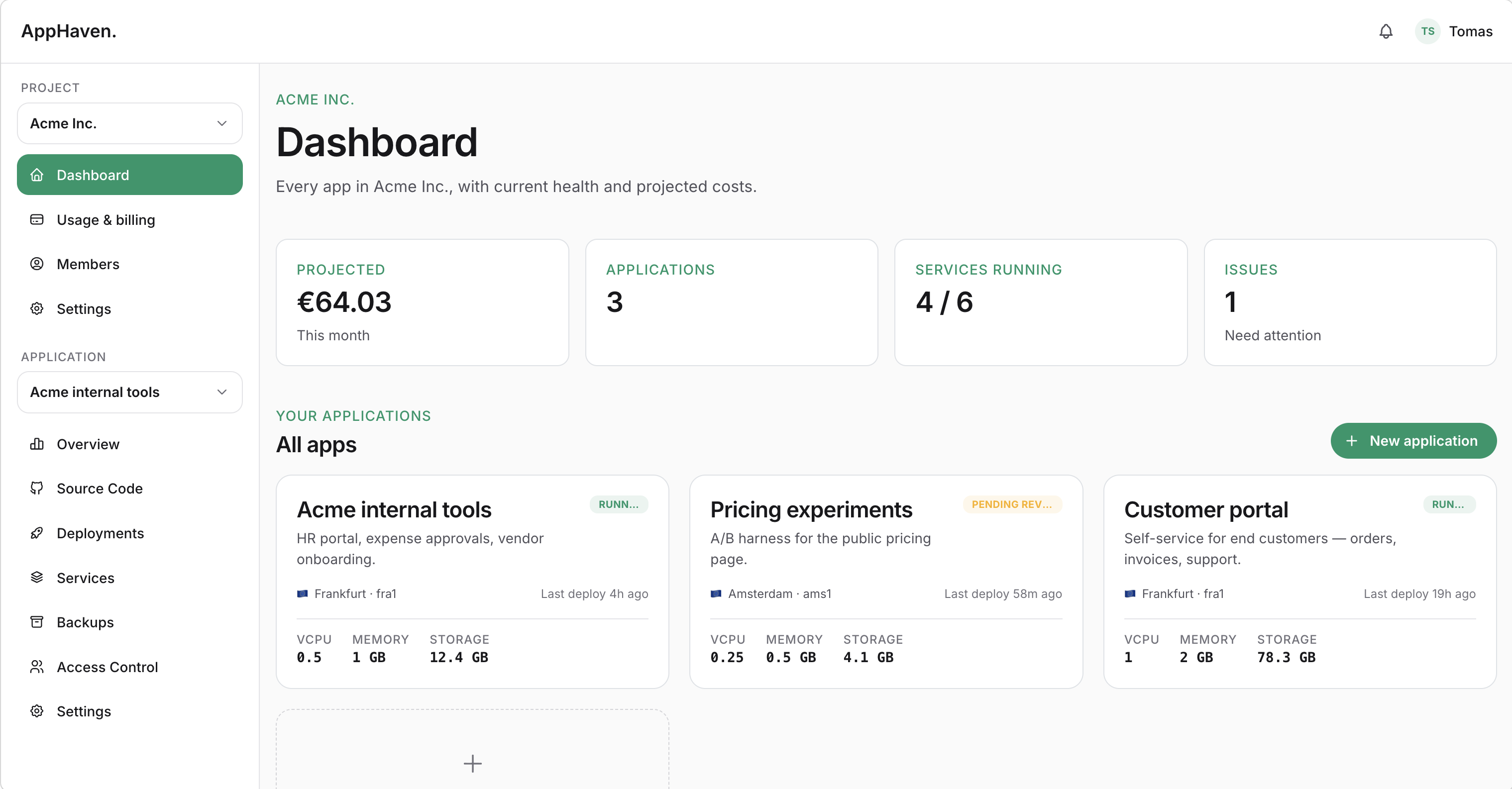 AppHaven dashboard for Acme Inc. showing projected monthly cost, application count, services running, and a list of deployed apps with their regions and resource usage.